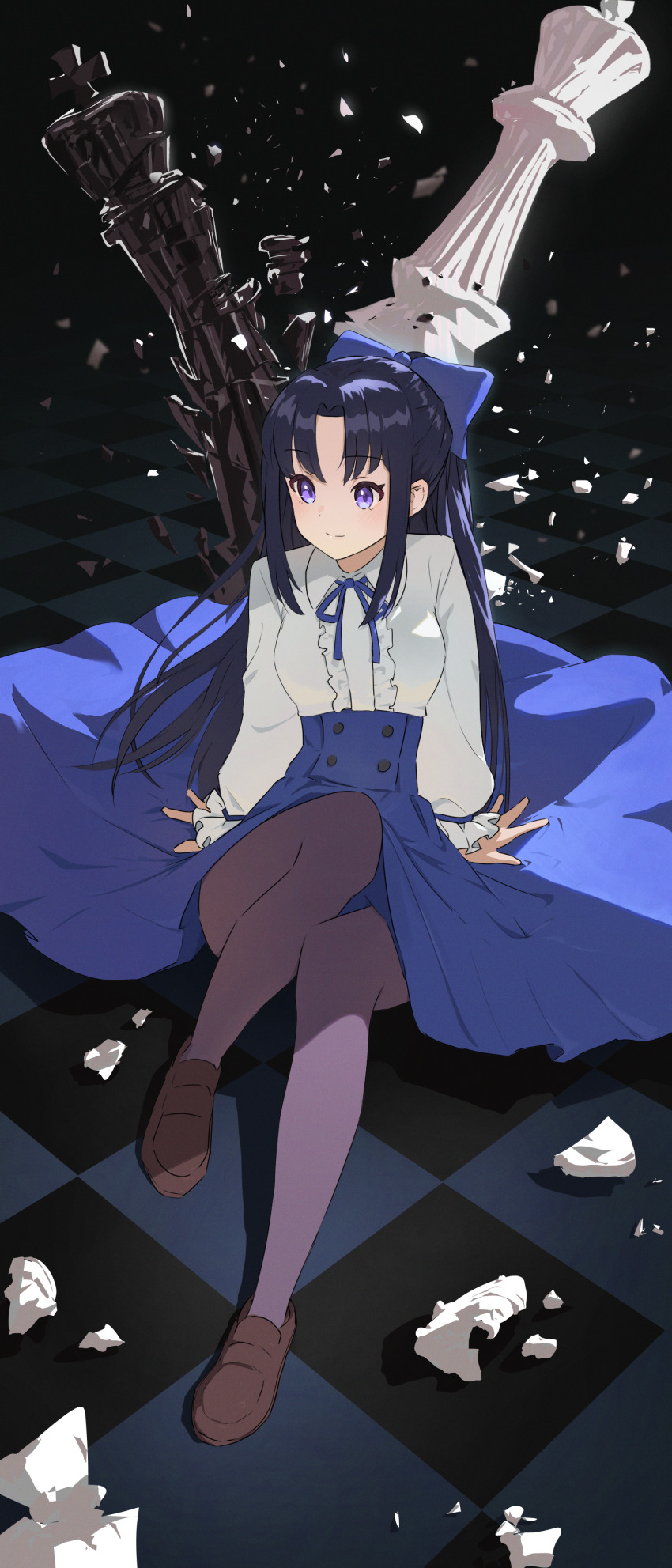 1girl absurdres black_hair blue_ribbon blue_skirt breasts brown_pantyhose checkered_floor chess_piece closed_mouth e_ga_ku eyebrows_hidden_by_hair fraurem_chrome full_body highres isekai_nonbiri_nouka light_blush light_smile long_bangs long_hair long_skirt looking_to_the_side medium_breasts neck_ribbon oversized_object pantyhose purple_pantyhose ribbon shirt skirt solo very_long_hair white_shirt