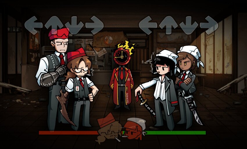 2boys 2girls anger_vein angry belt black_belt black_hair black_jacket black_pants bob_cut clock closed_mouth collared_shirt crossed_arms fire friday_night_funkin&#039; friday_night_funkin&#039;_(style) full_body gauntlets gonghead_0717 gregor_(project_moon) hat headscarf highres indoors jacket lapels limbus_company long_sleeves meursault_(project_moon) multiple_boys multiple_girls necktie notched_lapels outis_(project_moon) pants project_moon red_hat red_necktie ryoshu_(project_moon) shirt short_hair sweat white_hat white_shirt