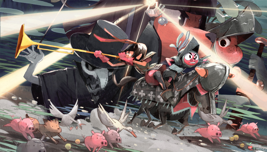 animal animal_focus armor artist_logo artist_name aymeric_kevin bird commentary dog duck english_commentary furry hat helmet horns horse instrument light_rays logo medieval original pig saddle signature single_horn sword top_hat trumpet weapon wind