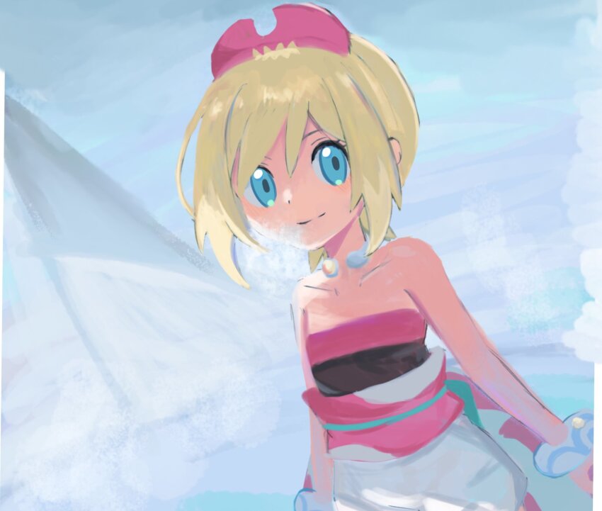 1girl 67wk317 bare_shoulders blonde_hair blue_eyes closed_mouth hair_between_eyes hairband highres irida_(pokemon) looking_at_viewer nintendo pokemon pokemon_legends:_arceus red_hairband shirt short_hair shorts smile solo strapless strapless_shirt upper_body white_shorts