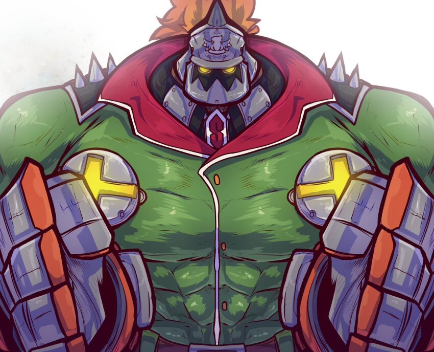 1boy bara boo_rad13y coat gloves glowing glowing_eyes guilty_gear huge_pectorals humanoid_robot large_hands looking_at_viewer male_focus muscular muscular_male potemkin_(guilty_gear) robot shoulder_spikes solo spikes straight-on upper_body