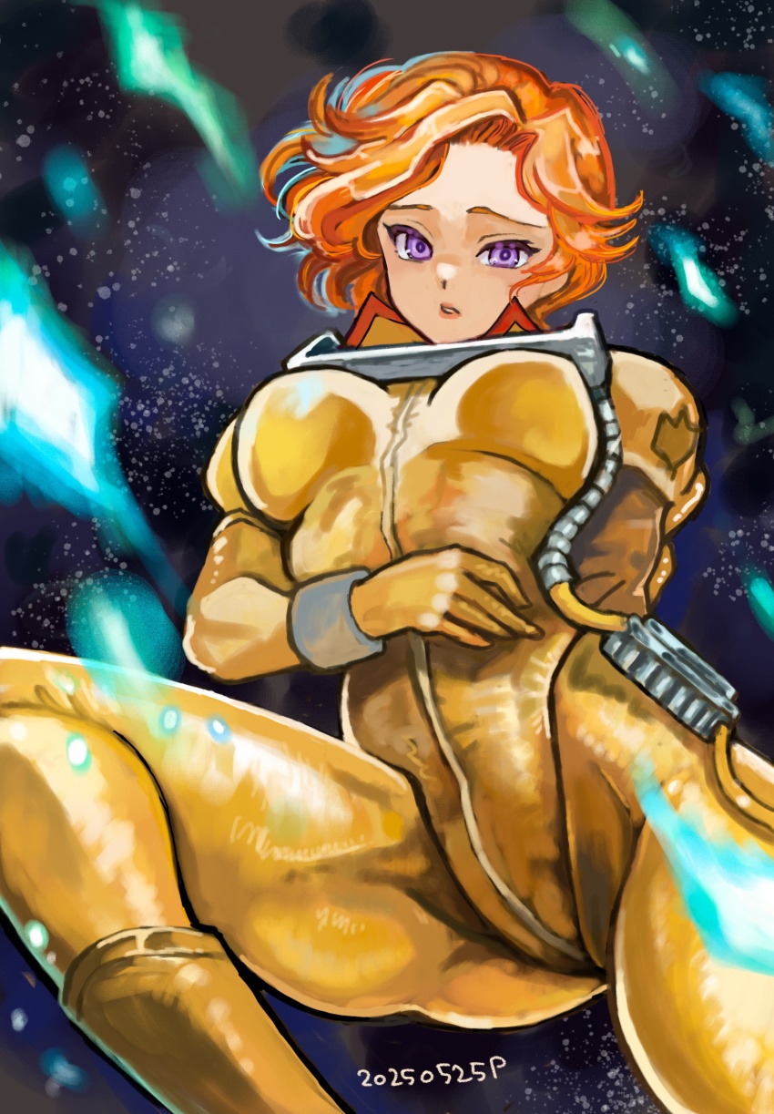 1girl berah_ronah bodysuit commentary dated gundam gundam_f91 highres looking_at_viewer mecha_pilot_suit medium_hair normal_suit_(gundam) okrdisk2000 orange_hair purple_eyes solo space thighs yellow_bodysuit