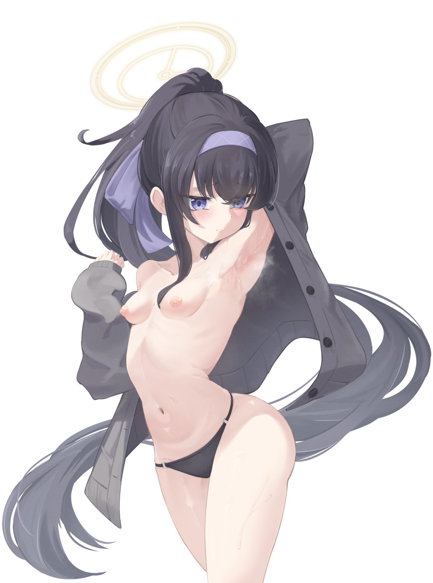 1girl absurdres armpits bikini bikini_bottom_only black_bikini black_hair blue_archive bow breasts cardigan closed_mouth commentary grey_cardigan hair_bow hairband halo highres long_hair long_sleeves navel nipples o-ring o-ring_bikini o-ring_bottom official_alternate_costume open_cardigan open_clothes ponytail purple_bow purple_eyes purple_hairband shizuki_eri simple_background small_breasts solo string_bikini swimsuit ui_(blue_archive) ui_(swimsuit)_(blue_archive) variant_set very_long_hair white_background yellow_halo