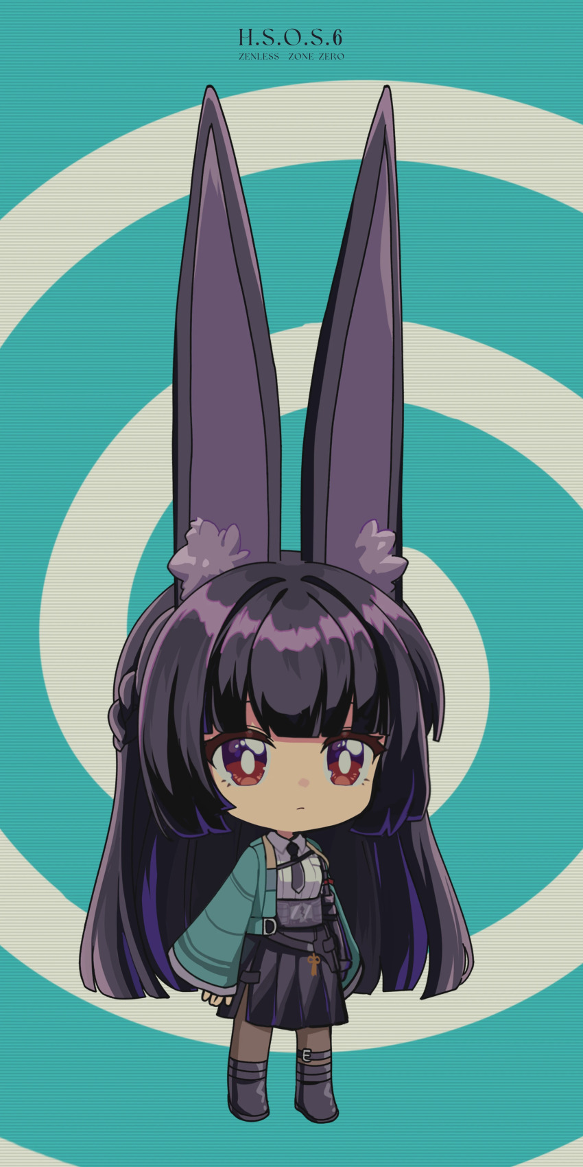 1girl absurdres animal_ear_fluff animal_ears artist_request comically_large_ears black_hair black_skirt blunt_bangs brown_eyes fox_ears fox_girl green_jacket highres hoshimi_miyabi jacket long_hair meme official_art pantyhose skirt solo spiral_background wide_sleeves zenless_zone_zero