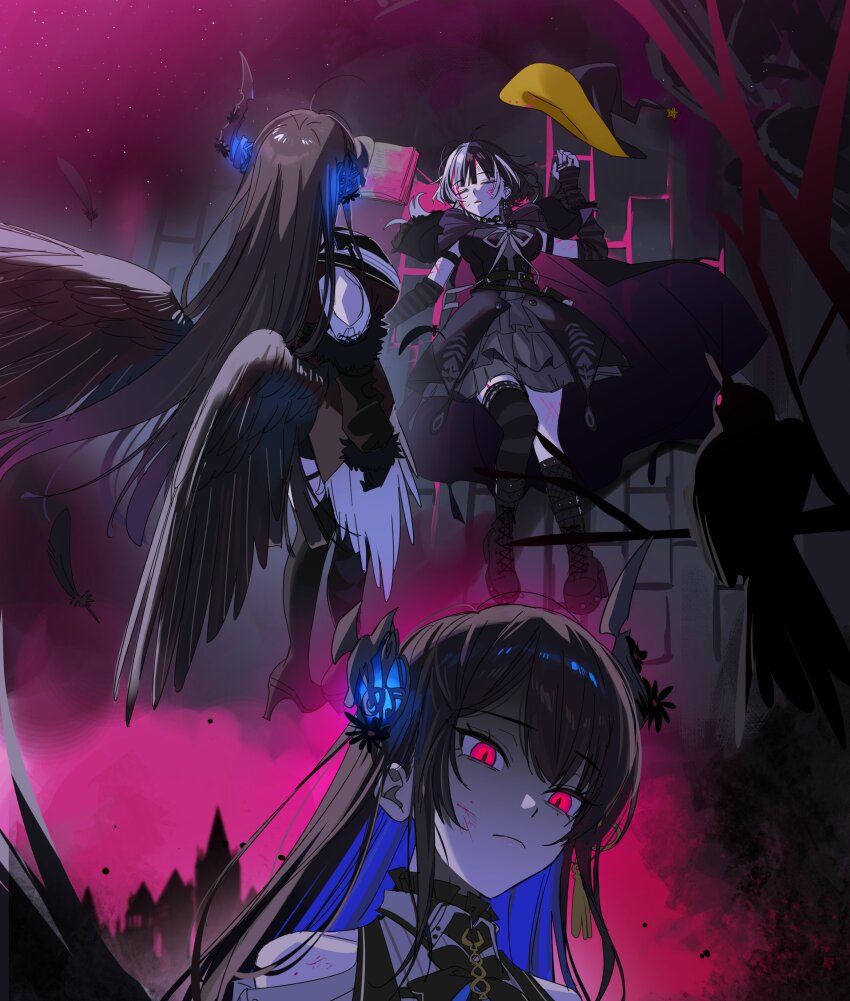 2girls absurdres arm_strap asymmetrical_bangs asymmetrical_horns asymmetrical_legwear belt bird black_cape black_dress black_gloves black_hair black_wings blue_hair blunt_bangs book boots breasts cape choker closed_eyes clothing_cutout colored_inner_hair commentary crow demon_horns detached_sleeves dress fainted feathered_wings flower from_above gloves glowing glowing_eyes glowing_horns hair_ornament hat high_heels highres hololive hololive_english horn_flower horns kneehighs lace-up_boots large_breasts long_hair long_sleeves looking_down low_wings lying medium_hair mole mole_under_eye multicolored_hair multiple_girls multiple_views nerissa_ravencroft nerissa_ravencroft_(1st_costume) on_back open_book red_eyes ribbon serious shiori_novella shiori_novella_(1st_costume) short_dress shoulder_cutout socks split-color_hair striped_sleeves tassel tassel_hair_ornament thighhighs uneven_horns uneven_legwear unworn_hat unworn_headwear virtual_youtuber white_hair wings witch_hat yomosaka