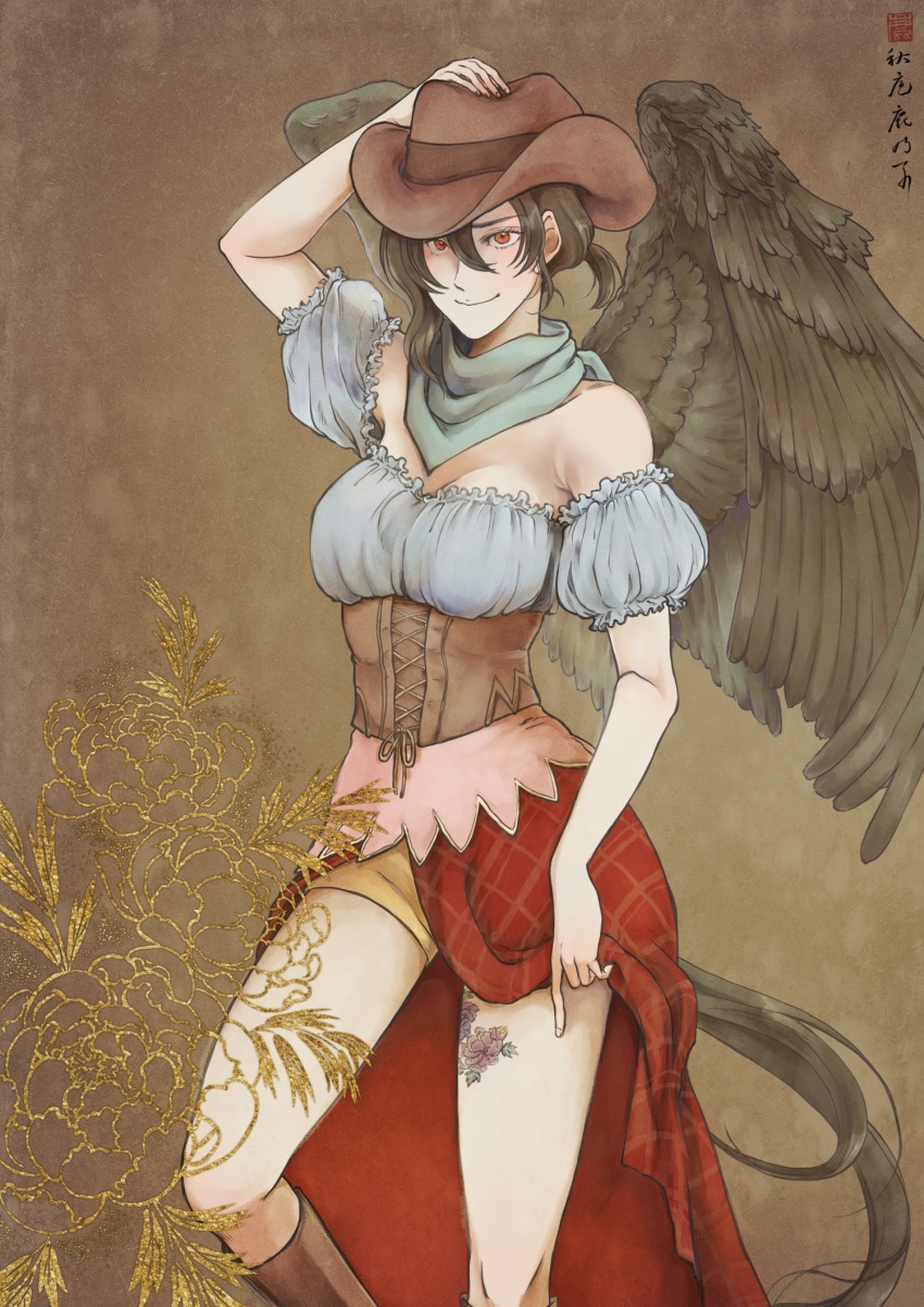 1girl akiba_kanoko aqua_bandana black_hair black_wings blouse blue_shirt boots breasts brown_background brown_boots brown_hat cleavage closed_mouth contrapposto cowboy_hat flower_tattoo hair_between_eyes hand_on_headwear hat highres horse_tail kurokoma_saki multicolored_shirt off-shoulder_shirt off_shoulder pegasus_wings pink_shirt plaid_clothes plaid_skirt red_eyes red_skirt shirt skirt smile solo standing tail tattoo touhou wings
