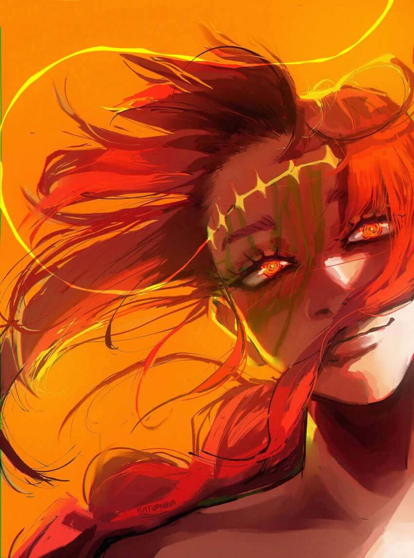 1girl absurdres blunt_bangs braid chainsaw_man close-up demon demon_girl evil_smile floating_hair highres jujutsu_kaisen kenjaku long_hair looking_at_viewer makima_(chainsaw_man) orange_background orange_eyes pink_lips ringed_eyes saturn0va sidelocks single_braid sinister smile solo stitches