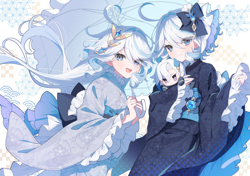 2girls :&lt; :d absurdres ahoge alternate_costume asa_no_ha_(pattern) back_bow black_bow black_kimono blue_eyes blue_gemstone blue_sash blue_streaks blush_stickers bow character_doll checkered_background closed_mouth curly_hair drop-shaped_pupils eyelashes floating_hair floral_print floral_print_kimono frilled_kimono frilled_sleeves frills furina_(genshin_impact) furisode gem gem_hair_ornament genshin_impact grey_kimono hair_bow hair_intakes hair_ornament hands_up highres holding holding_umbrella hugging_doll hugging_object japanese_clothes kimono long_hair long_sleeves looking_at_viewer mochizuki_mochi multicolored_hair multiple_girls neuvillette_(genshin_impact) obi obiage obijime open_mouth parasol patterned_background print_kimono purple_eyes sash seigaiha short_hair smile streaked_hair symbol-shaped_pupils two-handed umbrella unmoving_pattern v-shaped_eyebrows vision_(genshin_impact) white_background white_hair white_umbrella wide_sleeves