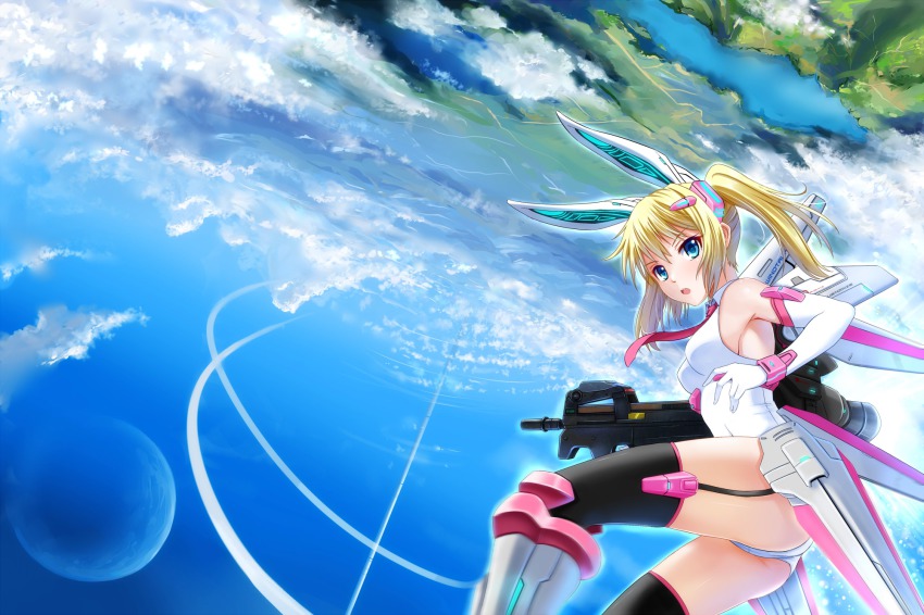 1girl animal_ears blonde_hair blue_eyes bullpup cloud day female_focus gun highres horizontal_magazine looking_at_viewer mecha_musume original p90 personal_defense_weapon rabbit_ears scenery sky solo submachine_gun upside-down weapon windtalker