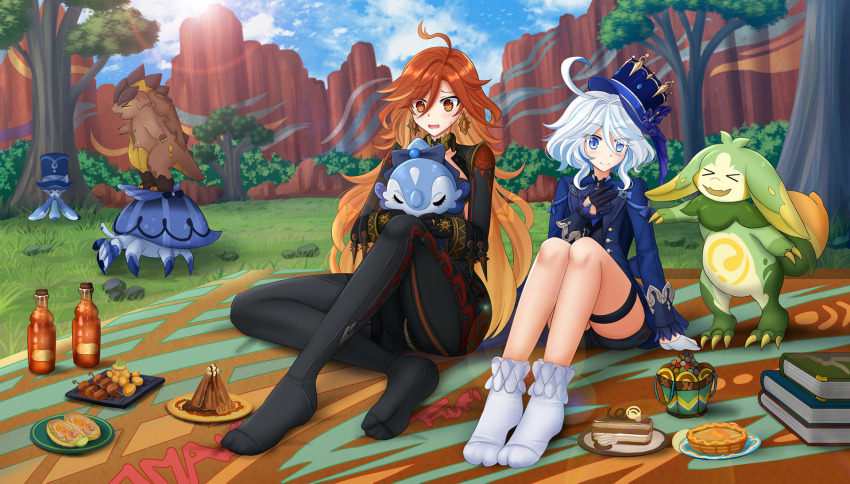 &gt;_&lt; 2girls :d asymmetrical_gloves black_bodysuit black_gloves black_shorts blue_eyes blue_hair blue_hat blue_jacket blue_sky bodysuit book book_stack bottle brown_hair cliff closed_eyes closed_mouth cloud commentary commission crotch_zipper day english_commentary eyes_visible_through_hair fang fangs food furina_(genshin_impact) genshin_impact gloves gradient_hair hair_between_eyes half_gloves hat highres jacket kazenokaze knees_up long_hair mavuika_(genshin_impact) mismatched_gloves multicolored_hair multiple_girls no_shoes open_mouth outdoors picnic_blanket plate red_eyes shorts sitting sky smile socks streaked_hair thigh_strap tilted_headwear tree very_long_hair wavy_mouth white_gloves white_socks xd