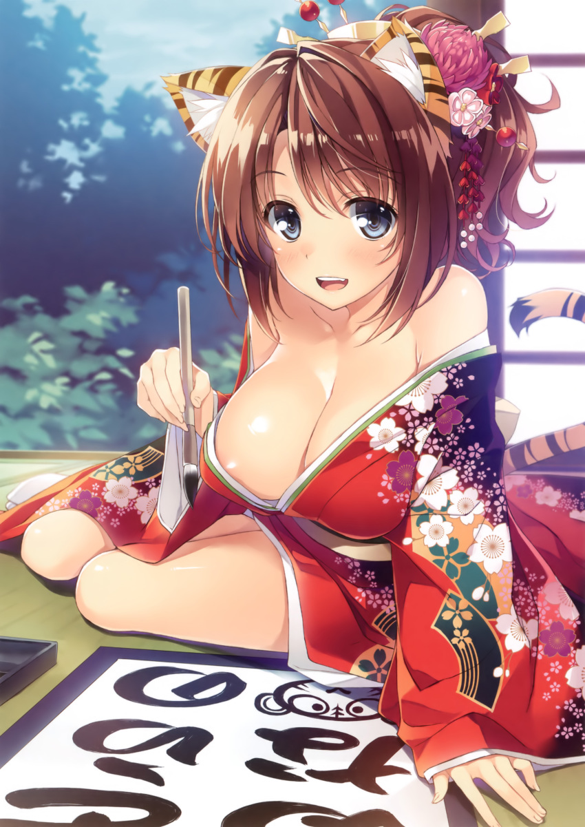 1girl :d absurdres animal_ears areola_slip arm_support bare_shoulders blue_eyes breasts brown_hair calligraphy calligraphy_brush cleavage comic_toranoana eyebrows female_focus floral_print flower hair_flower hair_ornament hair_stick highres japanese_clothes kimono kotora_(toranoana) large_breasts looking_at_viewer off_shoulder open_mouth original paintbrush ponytail sitting smile solo tabi tail tatami tiger_ears tiger_tail yokozuwari yuujo yuuki_hagure