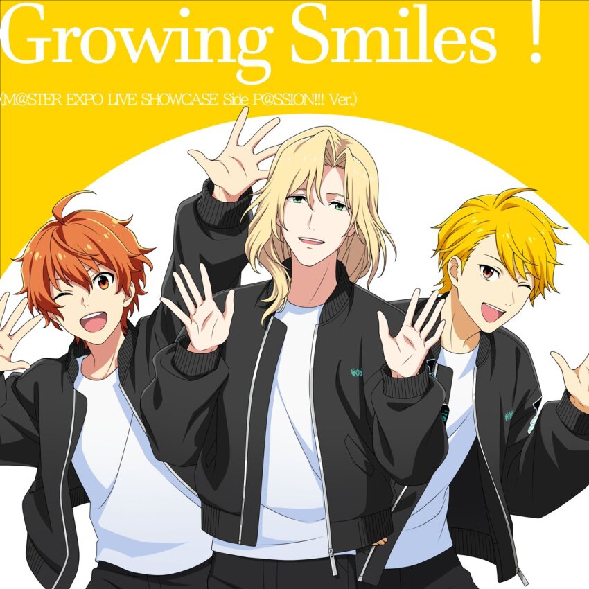 3boys ahoge aoi_yusuke black_jacket blonde_hair green_eyes highres idolmaster idolmaster_side-m jacket long_hair looking_at_viewer maita_rui male_focus multiple_boys official_art one_eye_closed open_clothes open_jacket open_mouth orange_eyes orange_hair short_hair smile teeth tsuzuki_kei upper_teeth_only