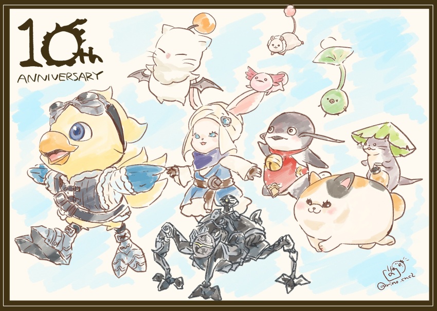 anniversary bell black_border blue_eyes border character_request chinese_clothes chocobo commentary_request dudou final_fantasy final_fantasy_xiv grey_wings hat highres jingle_bell moogle neck_bell no_humans rino_cnc robot turban twitter_username white_hat wings