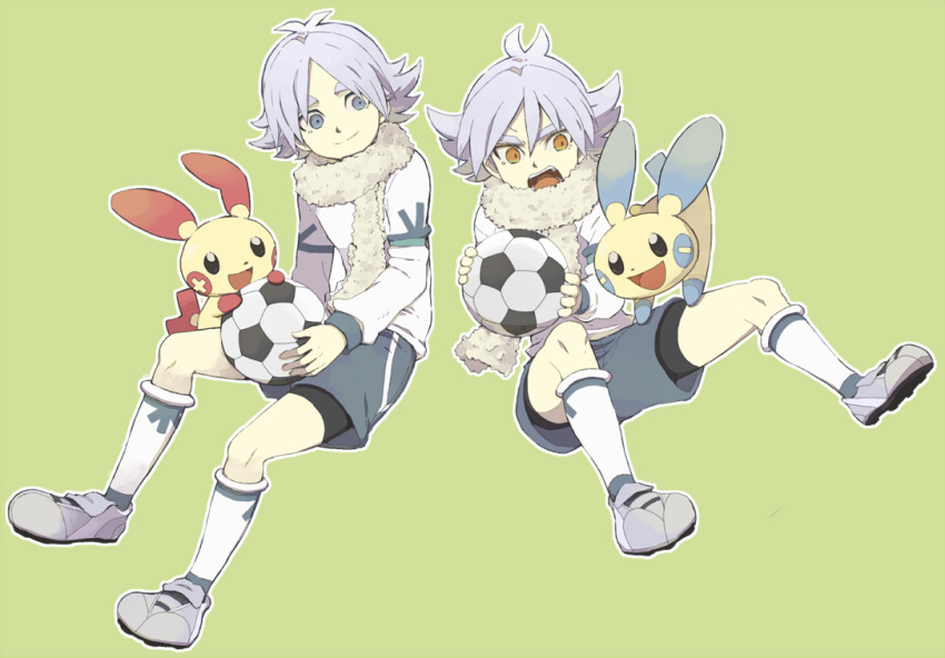 2boys ball bike_shorts brothers brown_eyes fubuki_atsuya fubuki_shirou gen_3_pokemon green_background grey_eyes grey_hair grey_shirt grey_shorts holding holding_ball inazuma_eleven inazuma_eleven_(series) long_sleeves male_focus minun mizuki_(31ten) multiple_boys nintendo open_mouth outline plusle pokemon pokemon_(creature) scarf shirt short_hair shorts siblings simple_background smile soccer_ball socks teeth white_outline white_scarf white_shirt white_socks