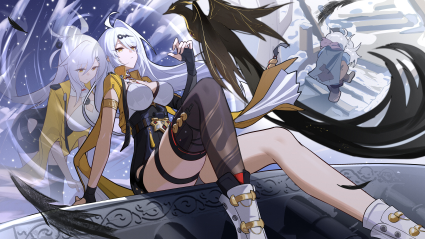2girls absurdres ahoge bird black_shorts boots breasts commentary_request hapwind high-waist_shorts highres jacket large_breasts multiple_girls ponytail shirt shorts siblings single_hair_intake sisters sitting thigh_strap thighs white_boots white_hair white_shirt yellow_eyes yellow_jacket yijiang_(zenless_zone_zero) yixuan_(zenless_zone_zero) zenless_zone_zero