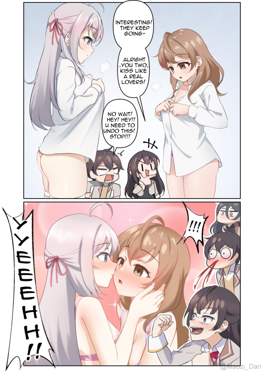 1boy 4girls ahoge alisa_mikhailovna_kujou artist_name ass blood blue_bra blue_eyes blush br bra breasts brown_eyes brown_hair cleavage collarbone comic empty_pool english_text expressionless flower hair_between_eyes hair_flower hair_ornament hair_ribbon hand_on_another&#039;s_cheek hand_on_another&#039;s_face highres imminent_incest imminent_kiss kimishima_ayano kuze_masachika large_breasts long_hair maozi_dan mariya_mikhailovna_kujou mind_control multiple_girls nosebleed open_mouth panties pink_bra pink_panties pool red_ribbon ribbon school_uniform siblings sisters speech_bubble suou_yuki thighhighs thighs tokidoki_bosotto_roshia-go_de_dereru_tonari_no_alya-san underwear undressing white_hair white_thighhighs yuri