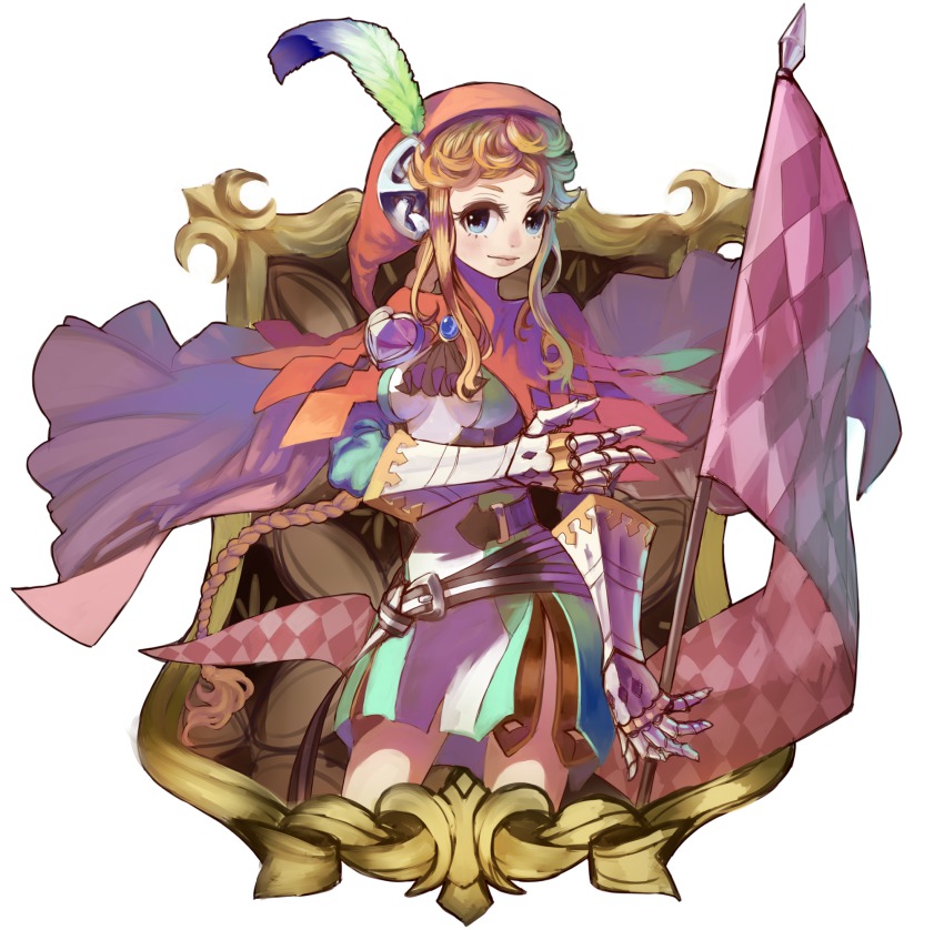 1girl armor bad_id bad_pixiv_id blonde_hair blue_eyes female_focus flag gloves grand_knights_history hat highres kansou_samehada lisha_stalake simple_background solo vanillaware white_background