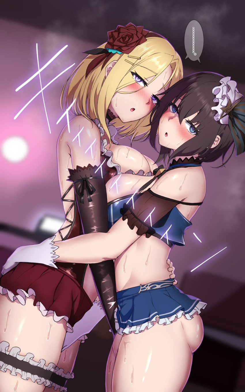 2girls 4tb_(4tera_byte) alternate_costume aoi_erika ass asymmetrical_docking black_gloves black_hair blonde_hair blue_skirt blush breast_press breasts fingering fingering_through_clothes fingering_through_panties flower gloves green_eyes hair_flower hair_ornament heaven_burns_red highres hypnosis indoors large_breasts looking_at_viewer minase_ichigo mind_control multiple_girls red_skirt short_hair skirt thigh_strap through_clothes white_gloves yuri