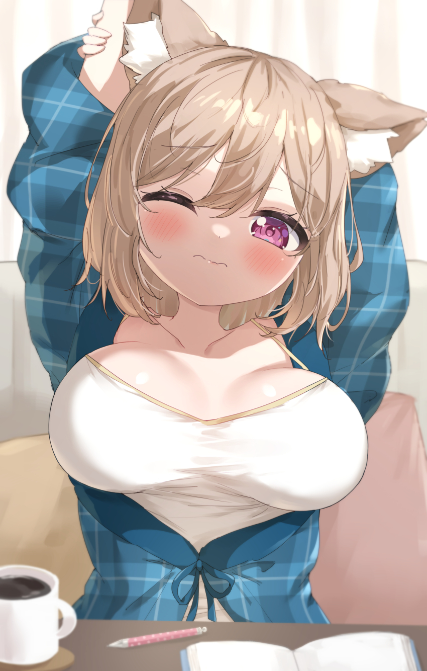 1girl absurdres animal_ear_fluff animal_ears arm_behind_head arms_up blue_jacket blush breasts brown_hair camisole closed_mouth commentary_request cup curtains hair_between_eyes highres indoors jacket large_breasts looking_at_viewer masaki_(msk064) mug original pen pillow plaid_clothes plaid_jacket puffy_short_sleeves puffy_sleeves purple_eyes short_sleeves solo stretching upper_body white_camisole