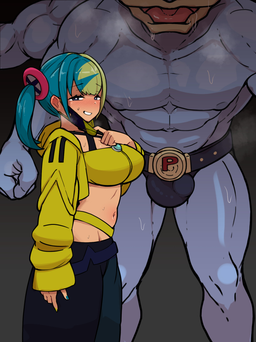 1boy 1girl belt black_belt black_eyes black_pants blue_hair breasts breath briefs bulge canari_(pokemon) commentary_request crop_top cropped_jacket extra_arms gen_1_pokemon green_hair grey_background grin hair_ornament height_difference highres interspecies large_breasts looking_at_viewer machamp male_underwear mask_pull multicolored_hair muscular muscular_male navel nintendo pants pokemon pokemon_(creature) pokemon_legends:_z-a pokephilia saliva smile stomach sweat to_pete twintails two-tone_hair underwear