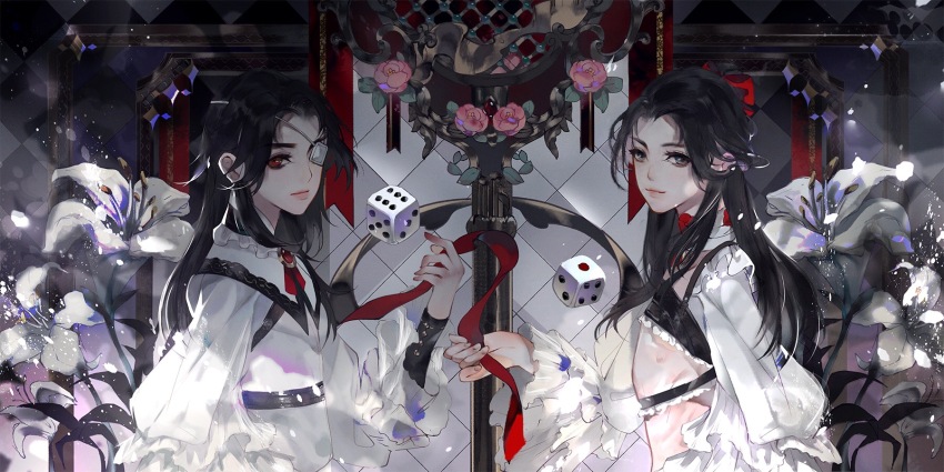 2boys bandaged_neck bandages banner black_hair black_shirt bow capelet chinese_commentary cleavage_cutout closed_mouth clothing_cutout commentary_request cowboy_shot crop_top dice eyelashes eyepatch flower frilled_capelet frilled_shirt_collar frilled_sleeves frills girly_boy grey_eyes hair_bow highres holding holding_ribbon hua_cheng indoors lace-trimmed_capelet lace_trim light_particles lily_(flower) lipstick long_hair long_sleeves looking_at_viewer makeup male-female_symbol medical_eyepatch multiple_boys neck_ribbon pectoral_cleavage pectorals pink_flower pink_lips pink_rose puffy_long_sleeves puffy_sleeves red_bow red_brooch red_eyes red_ribbon ribbon ribs rose shirt shrug_(clothing) sidelocks skinny smile thick_eyebrows tianguan_cifu very_long_hair white_capelet white_flower white_shrug xie_lian ye_dian_pikaqiu