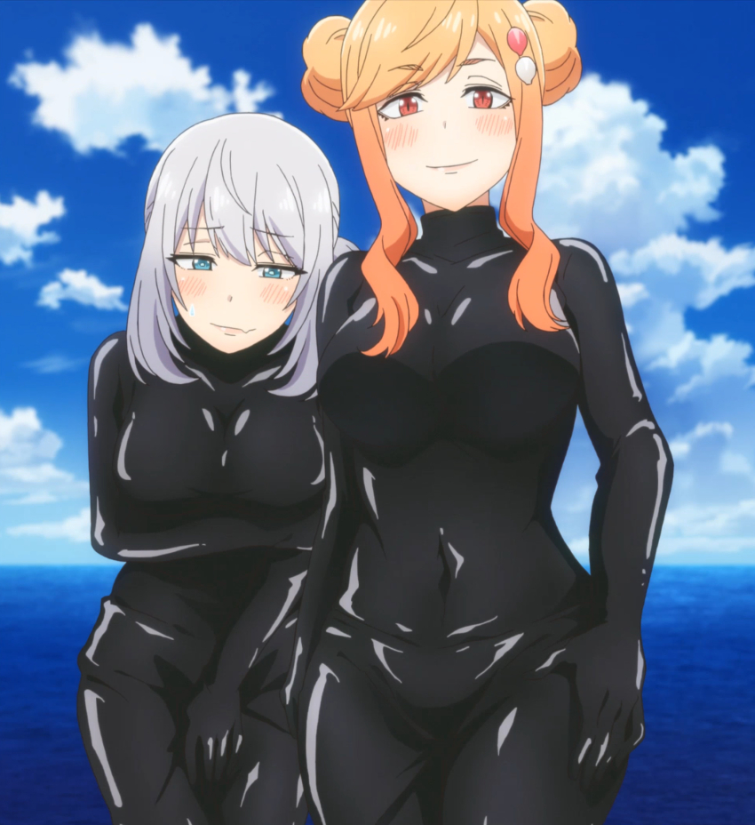 2girls arm_under_breasts blue_eyes blush breasts cloud covered_navel highres large_breasts multiple_girls orange_hair outdoors red_eyes saki-chan_(tejina_senpai) screencap silver_hair sky standing tejina_senpai tejina_senpai_(series) tight_clothes