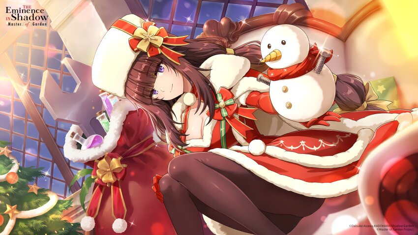 1girl artist_request breasts brown_hair christmas_ornaments christmas_tree cleavage closed_mouth collarbone copyright_notice couch dress eta_(kage_no_jitsuryokusha_ni_naritakute!) fur-trimmed_dress fur_trim gloves hat hat_ribbon highres holding kage_no_jitsuryokusha_ni_naritakute! kage_no_jitsuryokusha_ni_naritakute!_master_of_garden long_hair official_art on_couch pantyhose pom_pom_(clothes) purple_eyes red_dress red_gloves red_ribbon ribbon sack santa_costume santa_dress snowman solo star_(symbol) test_tube tinsel vial white_hat window wrench