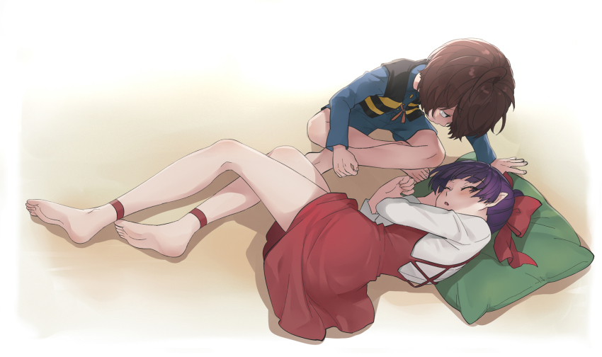 1boy 1girl barefoot brown_hair commentary_request gegege_no_kitarou hair_over_one_eye highres kitarou lying nekomusume nekomusume_(gegege_no_kitarou_6) on_side pillow pointy_ears purple_hair short_hair silanduqiaocui sleeping