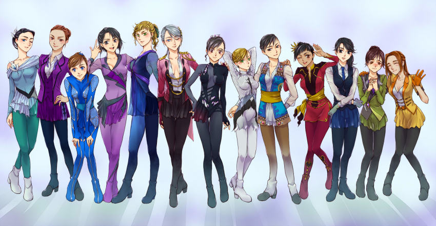 6+girls ^_^ black_hair blonde_hair blue_eyes bodysuit braid breasts brown_eyes brown_hair christophe_giacometti cleavage closed_eyes dark-skinned_female dark_skin emil_nekola closed_eyes genderswap genderswap_(mtf) georgi_popovich gloves green_eyes grey_eyes hair_bun highres jean-jacques_leroy ji_guang-hong katsuki_yuuri lee_seung-gil leo_de_la_iglesia marine_(1894271) michele_crispino multiple_girls necktie one_eye_closed open_mouth orange_gloves otabek_altin phichit_chulanont ponytail purple_eyes silver_hair single_hair_bun skirt smile viktor_nikiforov yuri!!!_on_ice yuri_plisetsky