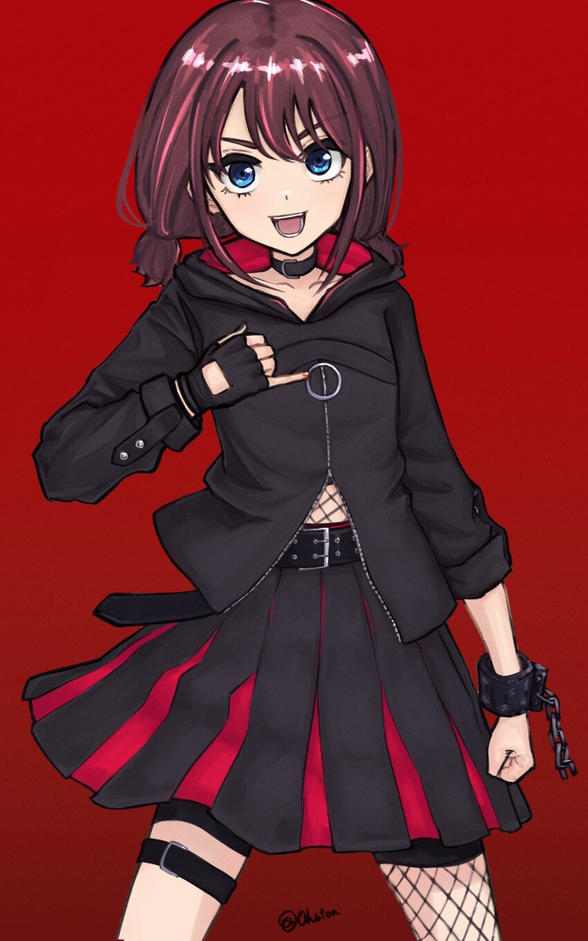 1girl black_choker black_gloves black_jacket black_skirt blue_eyes chain choker commentary fingerless_gloves fishnet_thighhighs fishnets girls_band_cry gloves gradient_background highres iseri_nina jacket long_sleeves open_mouth pinky_out pleated_skirt red_background red_hair short_hair single_thighhigh skirt smile solo thigh_strap thighhighs tomare_(akashingou)