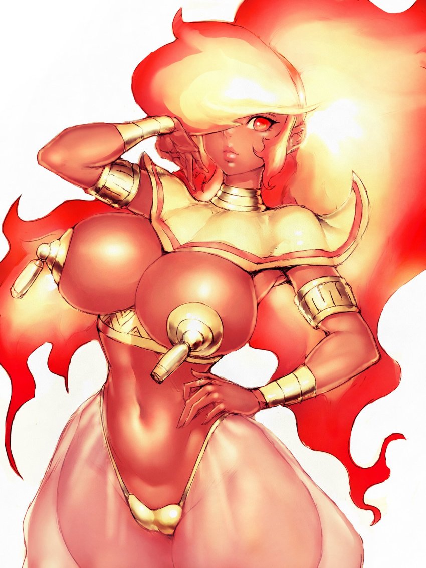 1girl arm_up armlet bracer breasts cleavage colored_skin cowboy_shot female_focus fire fumio_(rsqkr) hair_over_one_eye hand_on_own_hip highres hip_focus jewelry large_breasts lips looking_at_viewer midriff navel nipple_tassels orange_hair pasties power_stone red_eyes red_skin rouge_(power_stone) simple_background smile solo tassel tassel_pasties thighs white_background