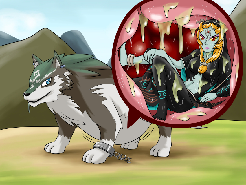 1boy 1girl absurdres acid bad_end barefoot blue_eyes bulge chain cross-section digesting_girl digestion feet highres imminent_death inside_creature krlitosss link midna midna_(true) nintendo red_eyes stomach stomach_bulge the_legend_of_zelda the_legend_of_zelda:_twilight_princess twili_midna vore wolf wolf_link