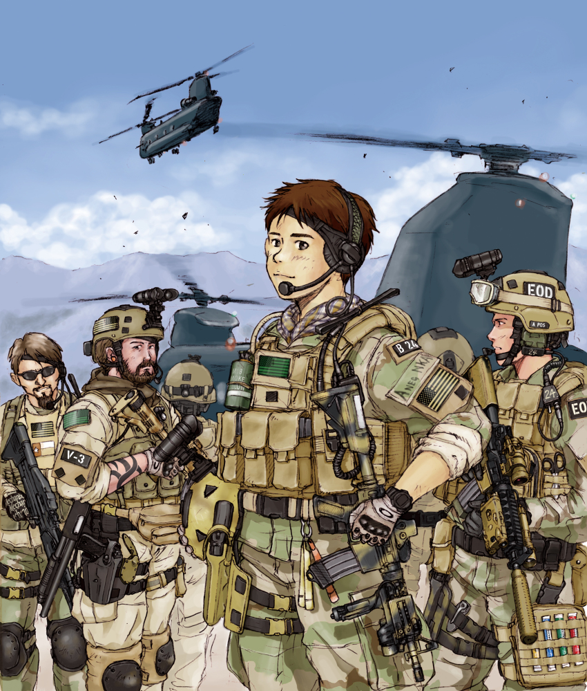 absurdres afghanistan aircraft assault_rifle boeing boeing_defense,_space_&amp;_security brown_hair ch-47_chinook facial_hair glasses gloves goggles gun handgun headset helicopter helmet highres holster humi_(jun-shu) load_bearing_vest military military_uniform pistol rifle scope soldier sunglasses suppressor united_states unworn_headwear unworn_helmet weapon