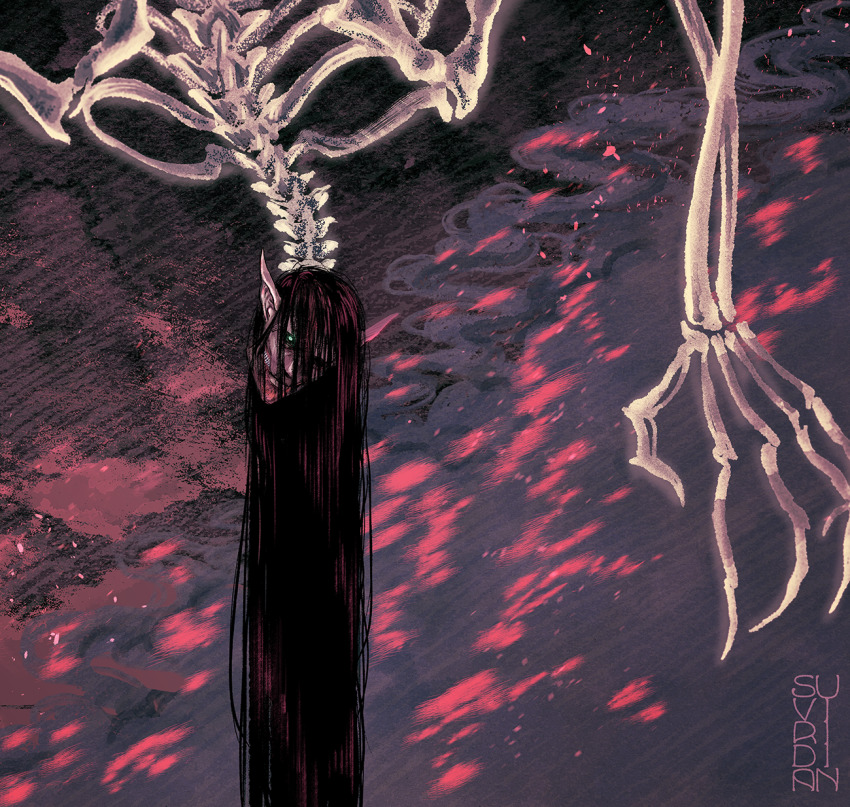 1boy absurdly_long_hair black_hair clip_studio_paint_(medium) closed_mouth cropped embers eren_yeager founding_titan glowing glowing_eye green_eyes highres long_fingers long_hair male_focus pointy_ears ribs shingeki_no_kyojin shoulder_blades signature skeleton smoke solo spine spoilers suviridian titan_(shingeki_no_kyojin) very_long_hair