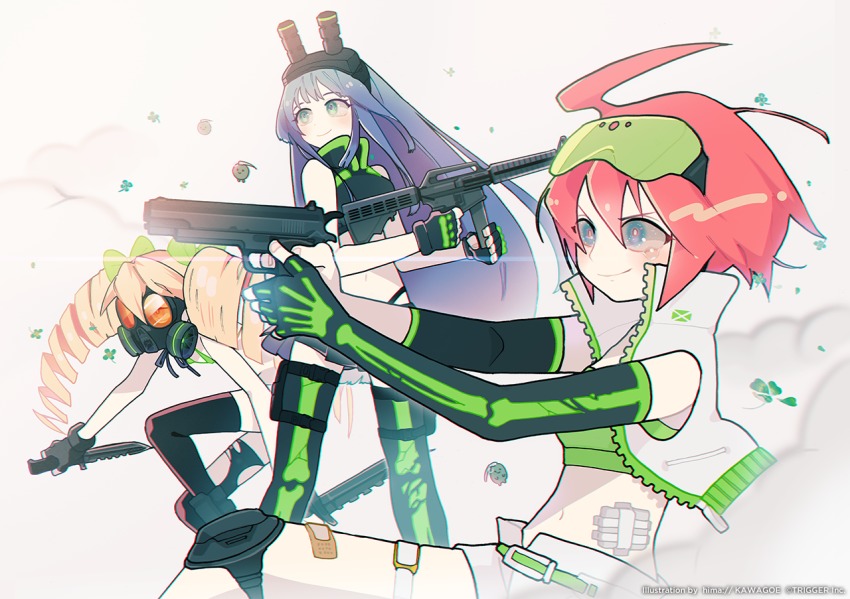 3girls ahoge bandaid bikini bikini_top_only blonde_hair blue_hair clover colt_9mm_smg drill_hair ekimae frag_(trigger) gas_mask gun head-mounted_display holding holding_weapon long_hair luluco mask multiple_girls muzzle_(trigger) night-vision_device official_art red_hair safety_glasses short_shorts shorts skeleton_print spring_(trigger) submachine_gun swimsuit tears thighhighs torn_clothes torn_legwear trigger-chan trigger_(company) twin_drills uchuu_patrol_luluco unzipped weapon