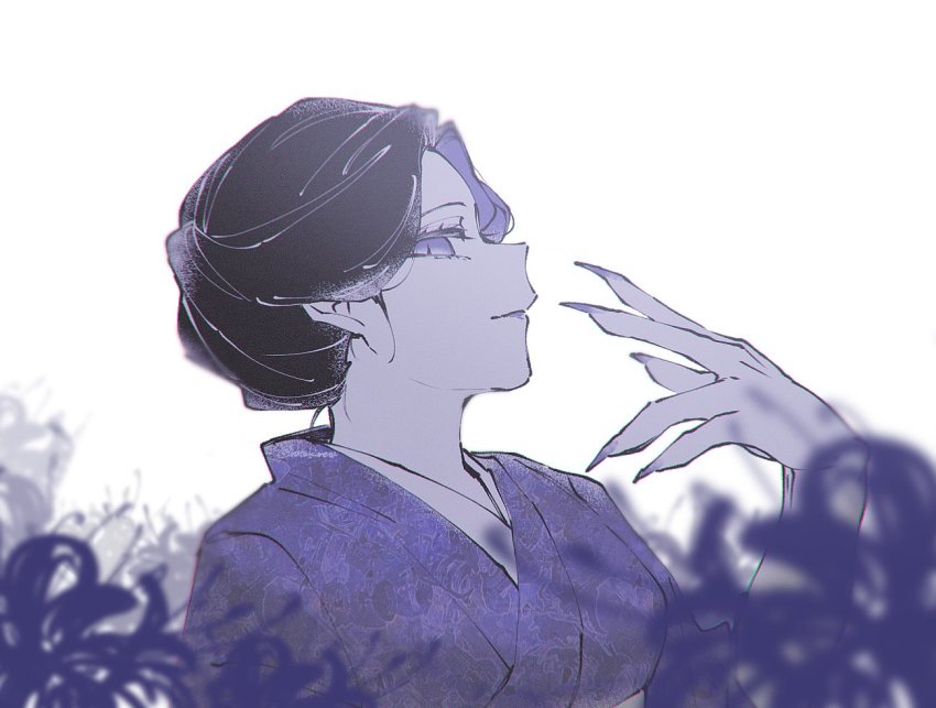 1girl black_hair blue_flower blue_spider_lily demon_girl female_focus fingernails flower from_side hair_bun japanese_clothes kimetsu_no_yaiba kimono purple_eyes rutu sharp_fingernails single_hair_bun solo spider_lily tamayo_(kimetsu_no_yaiba) white_background