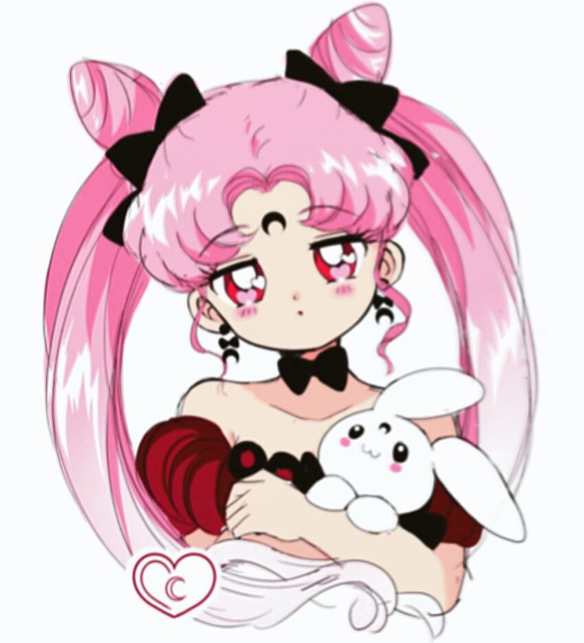 1990s_(style) 1girl animal bad_id bad_twitter_id bare_arms bare_shoulders bishoujo_senshi_sailor_moon black_bow black_bowtie black_lady_(sailor_moon) bored bow bow_choker bow_earrings bowtie bright_pupils choker collarbone commentary cone_hair_bun crescent crescent_earrings crescent_facial_mark cropped_torso crossed_arms dot_nose double_bun dress earrings english_commentary eyelashes facial_mark faux_retro_artstyle forehead_mark hair_bow hair_bun head_tilt heart heart_in_eye highres holding holding_animal holding_rabbit honeymoonpetal jewelry jitome light_blush lipstick long_hair looking_at_viewer makeup off-shoulder_dress off_shoulder official_style parted_bangs parted_lips pink_hair puffy_short_sleeves puffy_sleeves rabbit red_dress red_eyes red_lips retro_artstyle short_sleeves simple_background solo symbol_in_eye twintails very_long_hair watermark white_background white_pupils