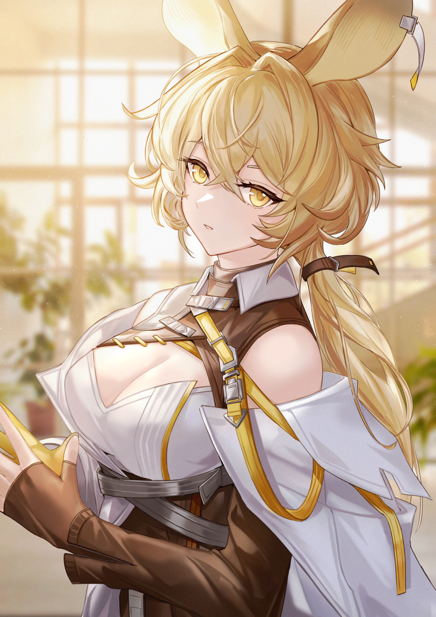 1girl animal_ears arknights backlighting bare_shoulders blonde_hair blurry blurry_background breasts cleavage cleavage_cutout clothing_cutout depth_of_field dorothy_(arknights) fingerless_gloves gloves hair_intakes highres kachi large_breasts long_hair long_sleeves looking_at_viewer low_ponytail mouse_ears no_headwear own_hands_together parted_lips ponytail solo teeth underbust upper_teeth_only yellow_eyes yellow_gloves