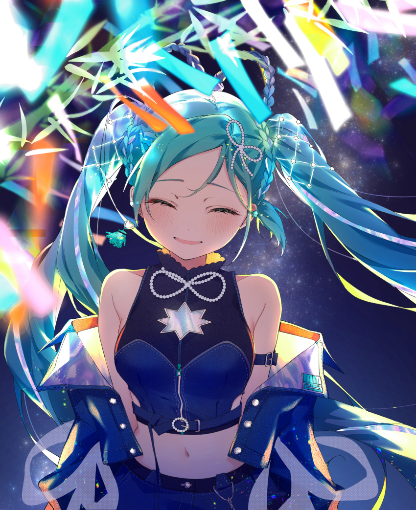 1girl absurdres aqua_hair armlet bare_shoulders blue_jacket blush braid breasts closed_eyes collarbone commentary crop_top drawing_kanon earrings hatsune_miku highres jacket jewelry long_hair magical_mirai_(vocaloid) magical_mirai_miku magical_mirai_miku_(2025) medium_breasts midriff navel official_alternate_costume official_alternate_hairstyle open_clothes open_jacket open_mouth sky smile solo star_(sky) starry_sky stomach tanabata tanzaku twin_braids twintails very_long_hair vocaloid