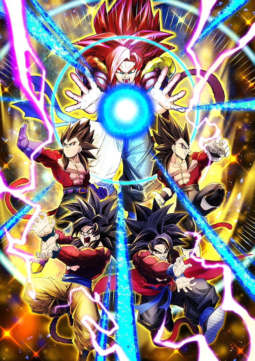 3boys abs absurdres arm_up aura bad_id bad_twitter_id big_bang_kamehameha blue_eyes blue_sash body_fur dougi dragon_ball dragon_ball_gt dragon_ball_heroes dual_persona electricity energy fighting_stance final_shine_attack floating glowing glowing_eyes gogeta gogeta_(xeno) hand_up hands_up highres incoming_attack kamehameha_(dragon_ball) large_pectorals looking_at_viewer male_focus metamoran_vest monkey_boy monkey_tail multiple_boys muscular muscular_male pants pectorals red_fur sash son_goku son_goku_(xeno) super_saiyan super_saiyan_4 tail time_patrol_(dragon_ball) vegeta vegeta_(xeno) vegetto_(xeno) yellow_pants yuuri_(fukuroudou)