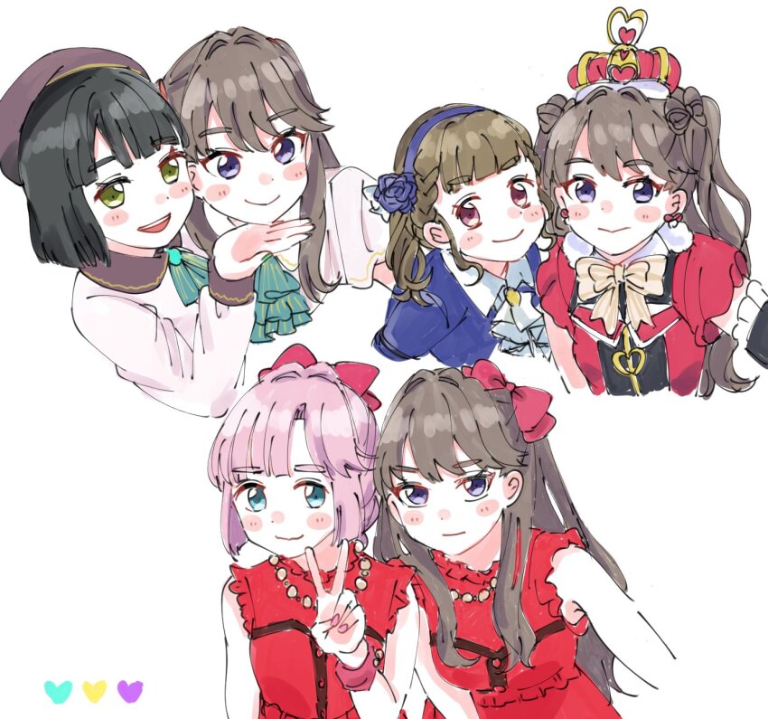 4girls anyoji_hime arched_crown ascot black_hair blue_flower blue_hairband blue_jacket blue_rose blunt_bangs blunt_ends blunt_sidelocks bob_cut bow bow-shaped_hair bow_earrings bowtie brown_bow brown_bowtie brown_hair compass_(love_live!) crown do!_do!_do!_(love_live!) dream_believers dress earrings flower flower_hairband fujishima_megumi hair_bow hair_intakes hairband heart_crown highres jacket jewelry kachimachi_kosuzu link!_like!_love_live! long_hair long_sleeves love_live! momose_ginko moso_(expect66) multi-tied_hair multiple_girls multiple_views official_alternate_costume open_clothes open_jacket pink_dress pink_eyes puffy_short_sleeves puffy_sleeves purple_eyes red_bow red_crown red_dress rose short_hair short_sleeves sidelocks sleeveless sleeveless_dress two_side_up virtual_youtuber white_ascot zenhoi_kyun