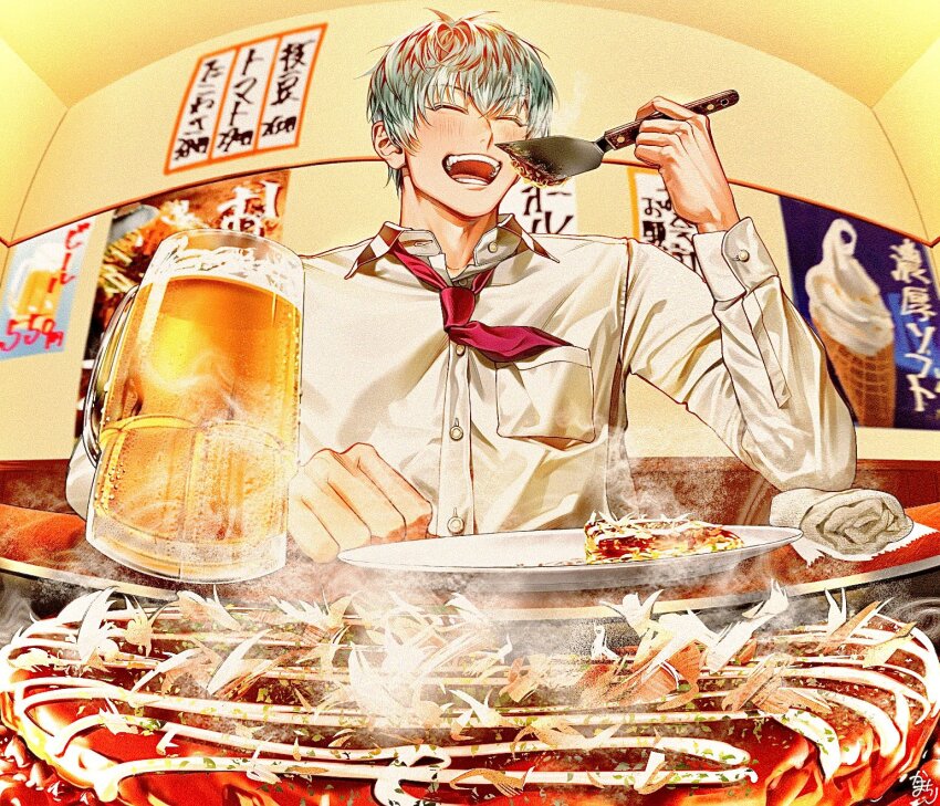 1boy alcohol beer beer_mug blush closed_mouth collared_shirt cup eating food green_hair grin hand_on_table hand_up highres holding hypnosis_mic indoors kamachiri male_focus mug necktie necktie_in_pocket nurude_sasara okonomiyaki open_mouth plate poster_(object) purple_necktie shirt short_hair smile solo teeth upper_body white_shirt