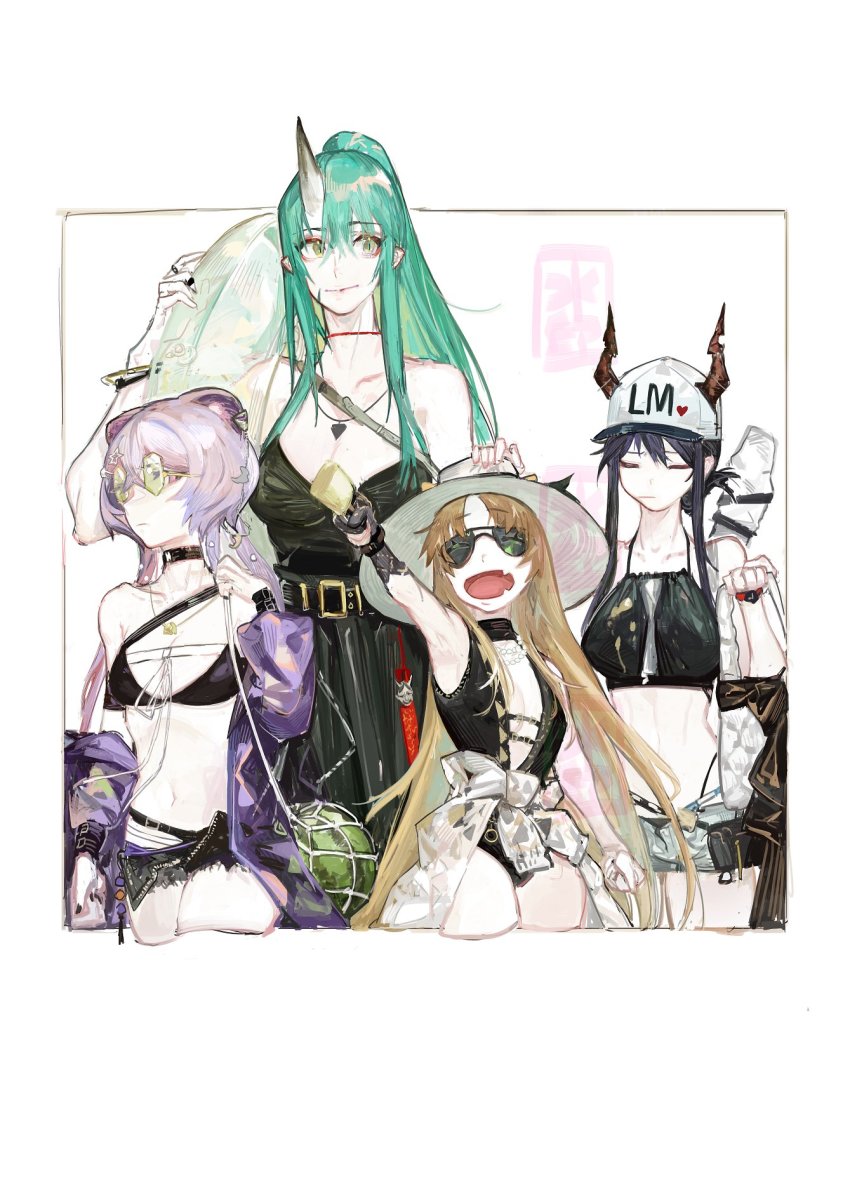 4girls animal_ears arknights bare_shoulders bead_necklace beads belt_buckle bikini black_bikini black_choker black_dress black_one-piece_swimsuit black_shorts blonde_hair blue_hair breasts buckle center_opening ch&#039;en_(arknights) ch&#039;en_(arknights) choker cleavage closed_eyes collarbone commentary_request dragon_girl dragon_horns dress earrings female_tourist_c_(arknights) food green_hair grey_shorts hair_ornament hand_on_another&#039;s_hat height_difference hexagonal_eyewear highres horns horns_through_headwear hoshiguma_(arknights) jacket jewelry lin_(arknights) long_hair micro_shorts mouse_ears mouse_girl multi-strapped_bikini multiple_girls necklace off_shoulder official_alternate_costume one-piece_swimsuit open_fly open_mouth pink_hair pipidan ponytail popsicle purple_jacket red_choker shorts single_horn skin-covered_horns star_(symbol) star_hair_ornament sunglasses swimsuit swire_(arknights) tiger_ears tiger_girl turtleneck turtleneck_dress watch wristwatch