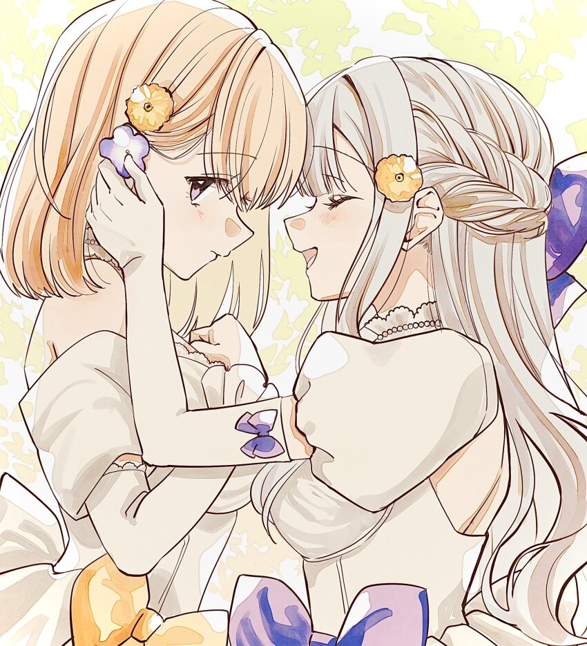 2girls bang_dream! bang_dream!_it&#039;s_mygo!!!!! blonde_hair blue_hair bow braid ccc_cloudy closed_eyes closed_mouth commentary dress elbow_gloves female_focus flower gloves hair_bow hair_flower hair_ornament half_up_braid highres long_hair medium_hair misumi_uika multiple_girls off-shoulder_dress off_shoulder open_mouth puffy_short_sleeves puffy_sleeves purple_bow purple_eyes short_sleeves smile symbol-only_commentary togawa_sakiko wedding_dress white_gloves wife_and_wife yellow_bow yellow_flower yuri