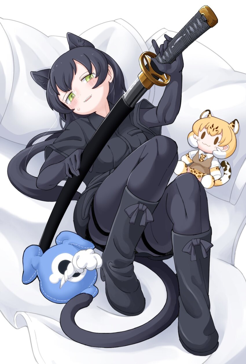 1girl animal_ears animal_print black_footwear black_gloves black_leopard_(kemono_friends) black_pantyhose black_skirt blush boots cellien_(kemono_friends) character_doll drawing_sword elbow_gloves extra_ears gloves green_eyes hair_between_eyes highres holding holding_sword holding_weapon katana kemono_friends leopard_(kemono_friends) leopard_ears leopard_girl leopard_print leopard_tail long_hair pantyhose parsley_(simonov1941) shirt short_sleeves sidelocks skirt sword t-shirt tail weapon