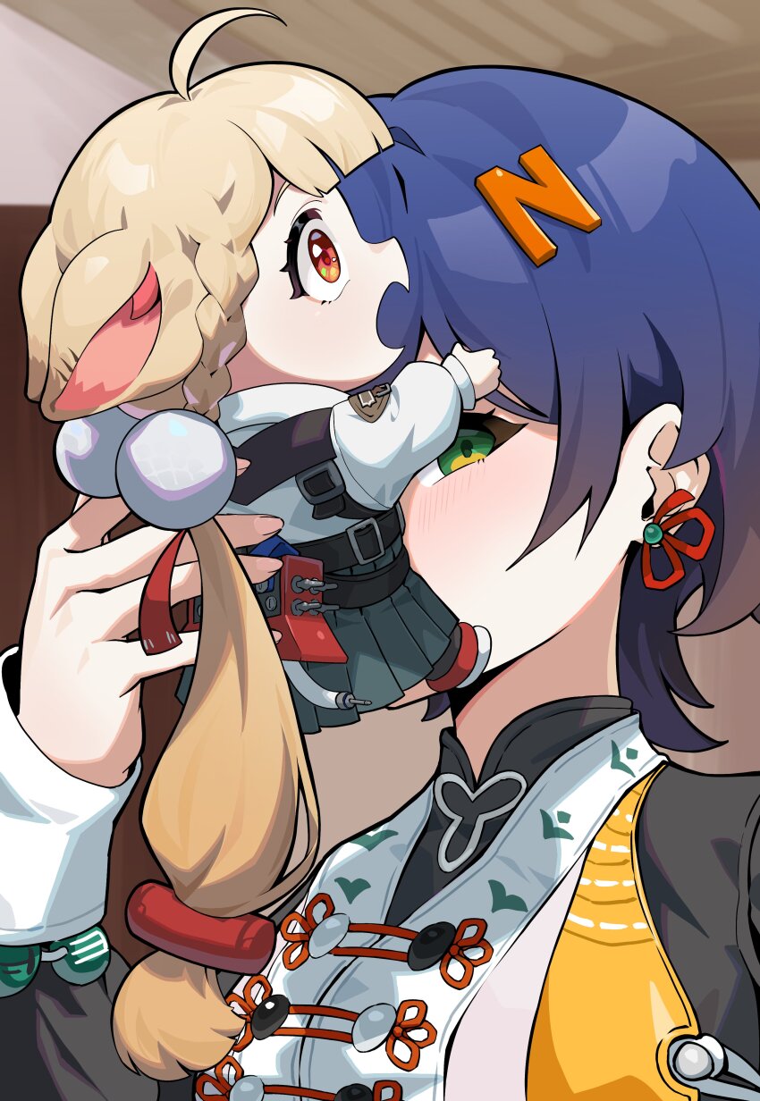 2girls absurdres ahoge alice_thymefield animal_ears belle_(delicate_sunlight)_(zenless_zone_zero) belle_(zenless_zone_zero) blue_hair blush chibi chinese_clothes green_eyes green_skirt guli_(guli0572) hair_ornament highres letter_hair_ornament long_hair multiple_girls orange_eyes pom_pom_(clothes) pom_pom_hair_ornament shirt skirt twintails upper_body white_shirt zenless_zone_zero
