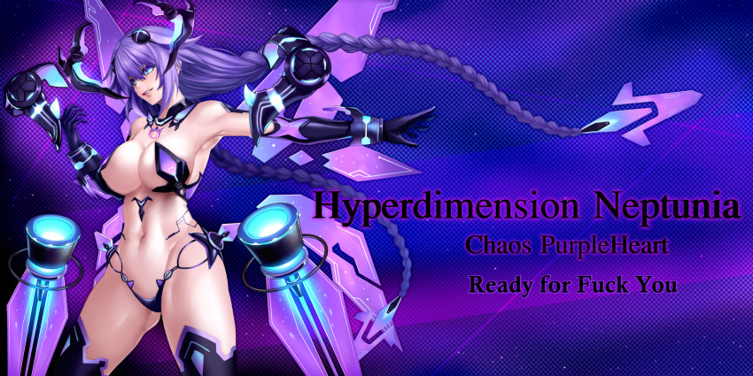 1girl arm_up armpits blue_eyes braid breasts cleavage highres legs looking_at_viewer navel neptune_(series) nyamota parted_lips pink_lips purple_hair purple_heart_(chaos_form) purple_heart_(neptunia) seductive_gaze seductive_smile sideboob smile solo source_request thighs toned twin_braids