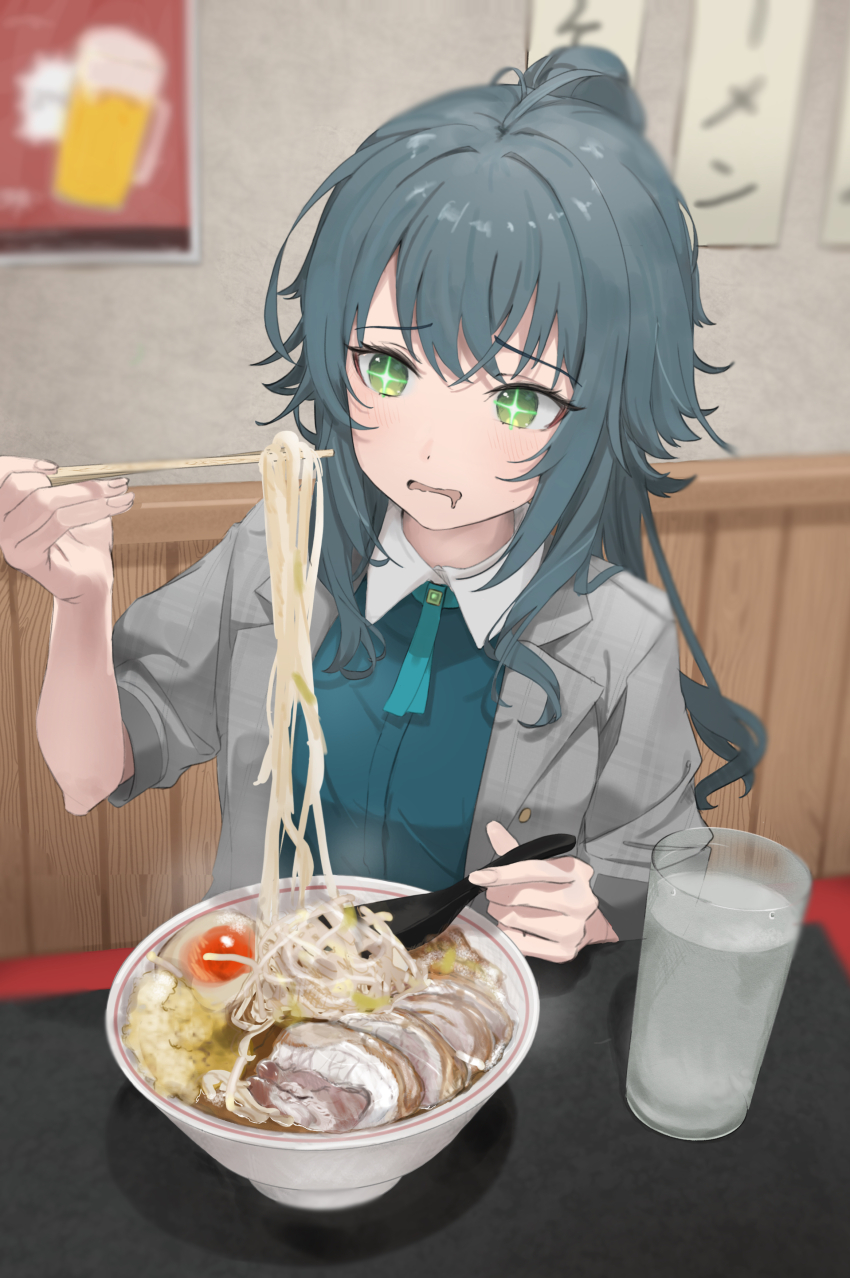 +_+ 1girl absurdres alcohol beer beer_mug chopsticks coat commentary_request cup drooling fingernails food gakuen_idolmaster green_eyes green_hair green_shirt grey_coat hair_flaps highres holding holding_chopsticks idolmaster indoors long_hair looking_at_food menu mouth_drool mug noodles o_(user_xrwa3284) open_mouth ramen restaurant shirt sitting solo tsukimura_temari very_long_hair water