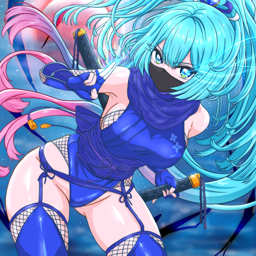 1girl absurdres arm_guards blue_eyes blue_hair blue_leotard breasts colored_tips fishnets gluteal_fold highleg highres japanese_clothes large_breasts leotard long_hair magical_girl manga_sakuga_(precure) mask mouth_mask multicolored_eyes multicolored_hair ninja ninja_mask original ponytail reverse_grip scarf solo sword weapon