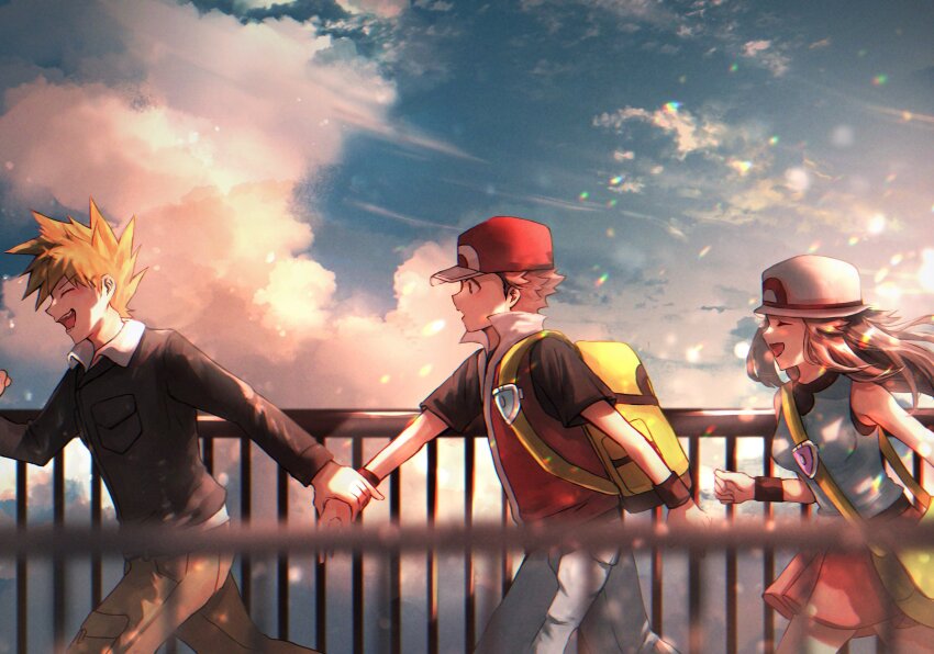 1girl 2boys :d backpack bag baseball_cap black_shirt black_sweater blue_oak blue_pants blue_shirt blue_sky blurry blurry_foreground brown_hair brown_pants closed_eyes cloud collared_shirt commentary english_commentary from_side handbag hat highres holding_hands jacket leaf_(pokemon) long_hair miniskirt multiple_boys nintendo open_mouth pants pleated_skirt pokemon pokemon_hgss porkpie_hat railing red_(pokemon) red_jacket red_skirt running shirt shiruko_(s1ruko) short_hair short_sleeves skirt sky sleeveless sleeveless_shirt smile spiked_hair sweater white_hat white_shirt wristband yellow_bag